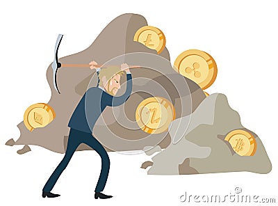 businessman mining a cryptocurrency with a pickaxe Vector Illustration