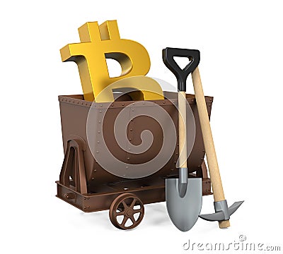 Mining Cart, Pick Axe, Shovel with Bitcoin Symbol Isolated Stock Photo