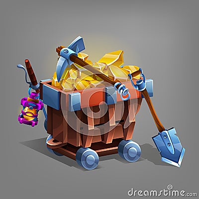 Mining concept bacground. Mine trolley with golden ore, shovel and pickaxe. Vector Illustration