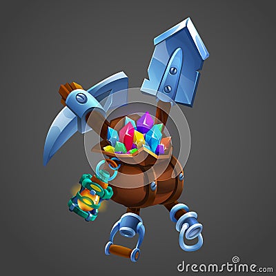 Mining concept background. Bag with gems and minerals with shovel and pickaxe. Vector Illustration