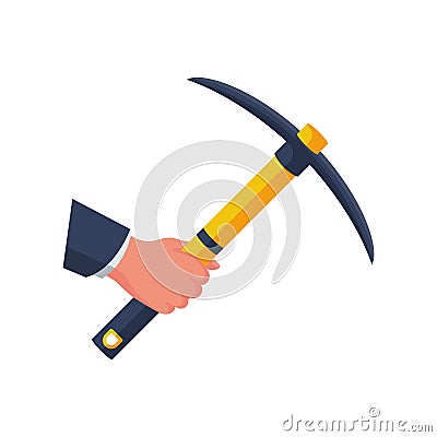 Mining concept. Pickax in hand. Mainer holds in hands tools Vector Illustration