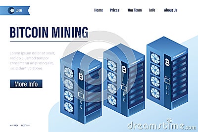 Mining Cryptocurrency. Bitcoin mining, landing page template. Distributed cloud computing. Technology for making crypto money Vector Illustration