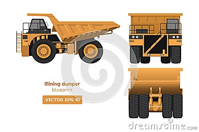 Mining dumper on white background. Back, side and front view. Heavy truck image. Industrial 3d drawing of cargo car Vector Illustration