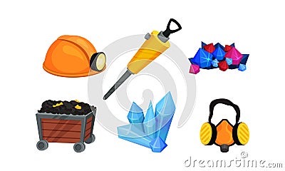 Mining Equipment and Tools with Helmet and Protective Mask Vector Set Vector Illustration