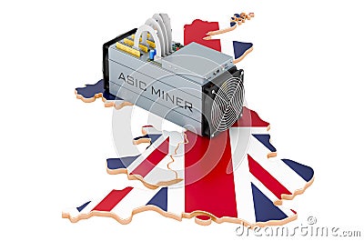 Mining in the Great Britain, concept. ASIC miner with British map. 3D rendering Stock Photo