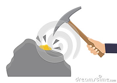 Mining, hand hold mattock, find gold on white background flat illustration Vector Illustration