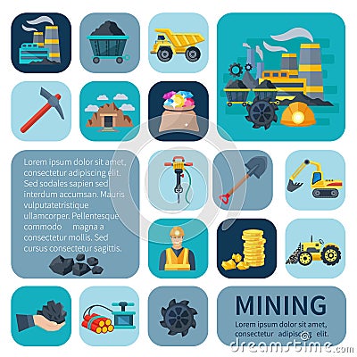 Mining Icons Flat Set Vector Illustration