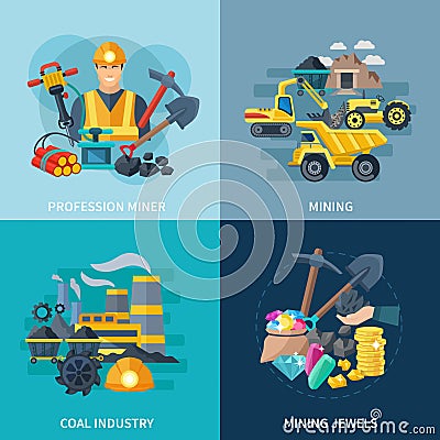 Mining Icons Flat Set Vector Illustration