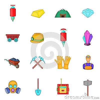 Mining icons set, cartoon style Vector Illustration