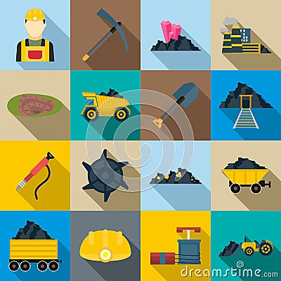 Mining Icons set, flat style Vector Illustration