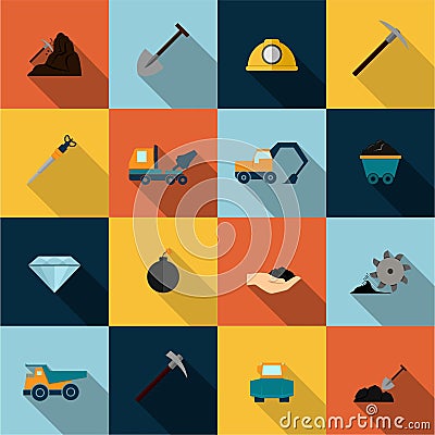 Mining Icons Set Flat Vector Illustration