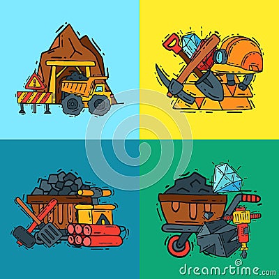 Mining industry pattern vector illustration. Profession and occupation of miner. Coal mining equipment, miner tools Vector Illustration