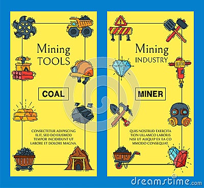 Mining industry set of banners vector illustration. Profession and occupation. Coal mining equipment, miner tools Vector Illustration