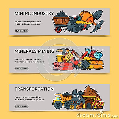 Mining industry set of banners vector illustration. Profession and occupation. Coal mining equipment, miner tools Vector Illustration