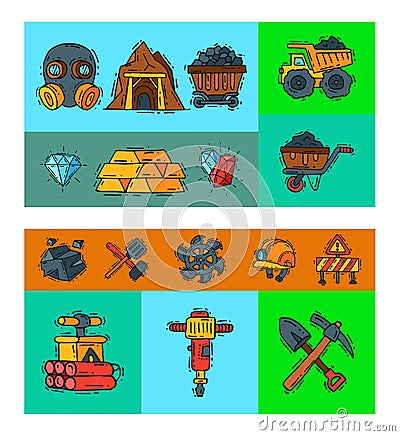 Mining industry vector illustration. Profession and occupation of miner. Coal mining equipment, miner tools. Special Vector Illustration