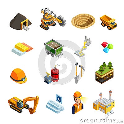 Mining Isometric Icons Set Vector Illustration