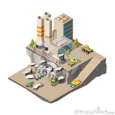 Mining isometric. Rock mine industry production quarry construction technics vector composition Vector Illustration