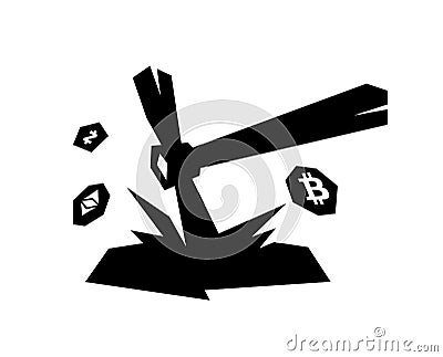 Mining logo, bitcoin mining. Metal pickax extracting crypto currency. Vector logo. Logo for company isolated on white background. Vector Illustration