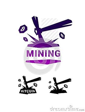 Mining logo, bitcoin mining. Metal pickax extracting crypto currency. Vector logo. Logo for company isolated on white background. Vector Illustration