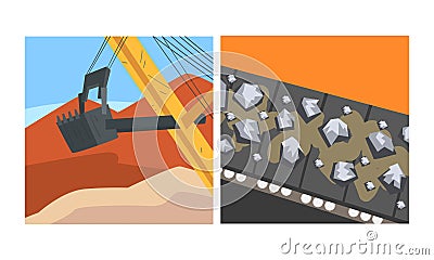 Mining quarry with extractive machinery and ore production line. Metallurgical industry, steel and alloys production Vector Illustration