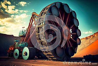 mining reclaimer wheel bucket heavy machinery at coal industry career Stock Photo
