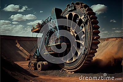 Mining reclaimer wheel bucket heavy machinery at coal industry career Stock Photo