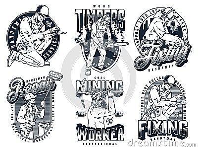 Mining, repair and logging workers emblems set Vector Illustration