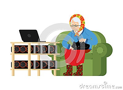Mining in Russian. grandmother and mining farm. Cryptocurrency a Vector Illustration