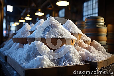 Mining salt in buckets for further conveyor processing. Stock Photo