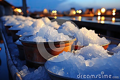 Mining salt in buckets for further conveyor processing. Stock Photo