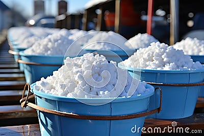 Mining salt in buckets for further conveyor processing. Stock Photo