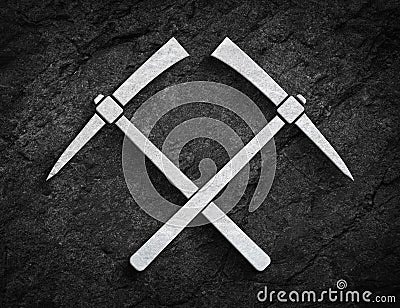 Mining tool pickaxe symbol stone wall background Stock Photo