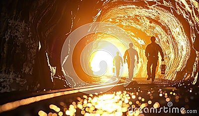 Mining workers come out into the light from the tunnel after a work shift Stock Photo