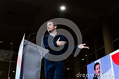 Minister of Consumer Affairs Alberto GarzÃ³n speaks to the crowd at the 3rd En ComÃº Podem National Congress in Barcelona, Editorial Stock Photo