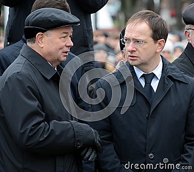 Minister of Culture of the Russian Federation Vladimir Medinsky and Kaluga Region Governor Anatoly Artamonov at the opening of the Editorial Stock Photo