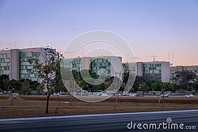 Ministry buildings at Esplanade of the Ministeries at sunset - government departments offices - Brasilia, Distrito Federal, Brazil Stock Photo