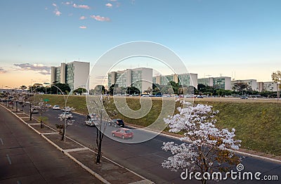 Ministry buildings at Esplanade of the Ministeries at sunset - government departments offices - Brasilia, Distrito Federal, Brazil Stock Photo