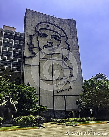 Ministry of the Interior building with a steel memorial to Cuban hero Ernesto Che Guevara - Revolution Square, Havana, Cuba Editorial Stock Photo