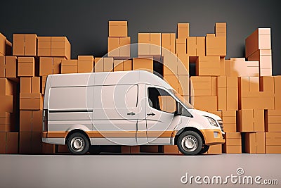 Minivan of the courier delivery service on the background of boxes. Generative AI. Stock Photo