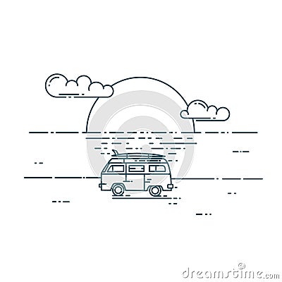 Minivan with sunset landscape. Cartoon Illustration