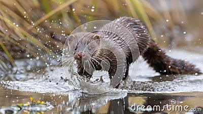A mink dashes through the waistdeep water searching for any remaining dry land in its nowsaturated marsh home. Its sleek Stock Photo