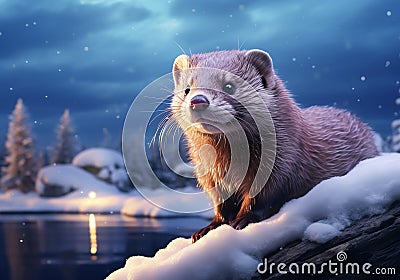 Mink posing on the snowy ground next to an icy lake. Winter time. AI generated Stock Photo