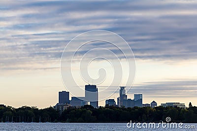 Minneapolis skyline backlit at sunset Editorial Stock Photo