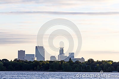 Minneapolis skyline backlit at sunset Editorial Stock Photo
