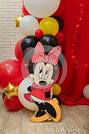 Minnie Mouse party. Character of Walt Disney cartoon with colorful balloons Editorial Stock Photo