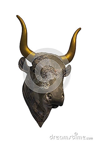 Minoan rhyton in form of a bull isolated on white background. Bull`s-head rhyton, fragment of a similar stone rhyton preserving Stock Photo