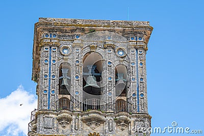 Minor Basilica of Santa Maria (Basilica de Santa Maria de la Asuncion) Tower Detail - Arcos de la Frontera, Cadiz, Spain Stock Photo