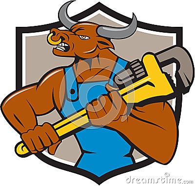 Minotaur Bull Plumber Wrench Crest Cartoon Vector Illustration