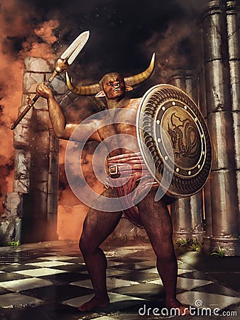 Minotaur with a shield and spear Stock Photo