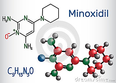 Minoxidil molecule. It is an antihypertensive vasodilator medication, is used to treat hair loss.. Structural chemical formula Vector Illustration